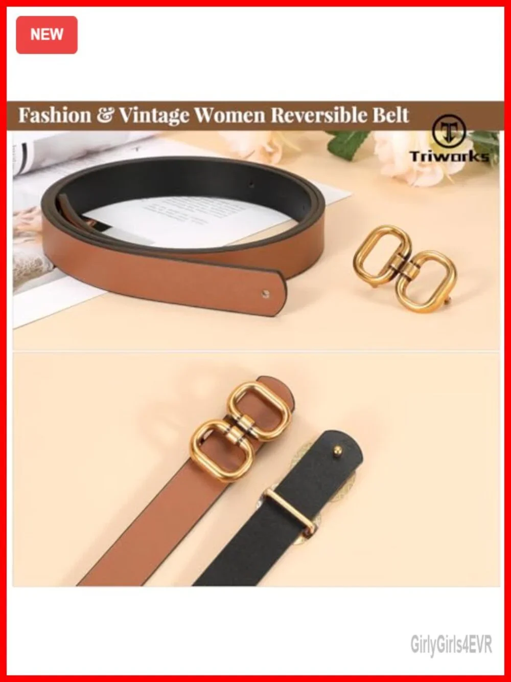 Reversible Women's Belt with Gold Buckle - Faux Leather